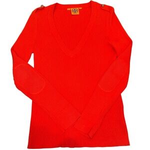 Tory Burch Orange Cashmere Ribbed V-Neck Sweater Elbow Patches Gold Button Large